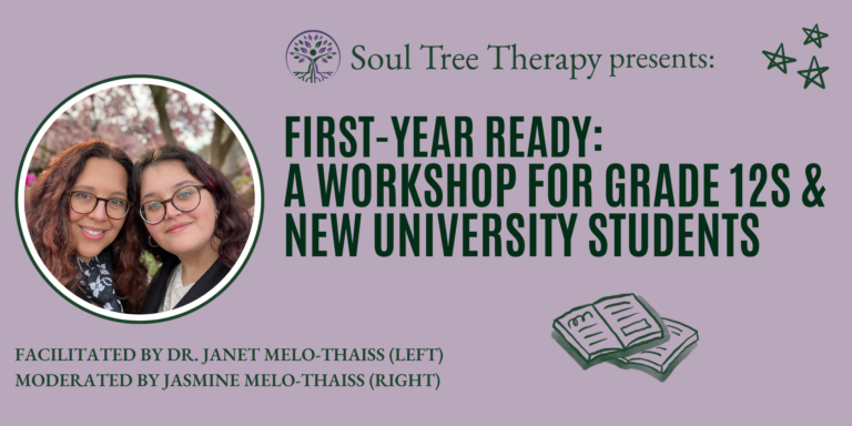 Event flyer for Soul Tree Therapy's "First year ready- a workshop for grade 12's and new university students." The banner features an image of two women on a blurred background.
