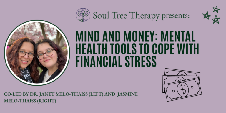 Event flyer for Soul Tree Therapy's 'Mind and Money: Mental Health Tools to Cope with Financial Stress.' Features a photo of two smiling individuals against a blurred nature background.
