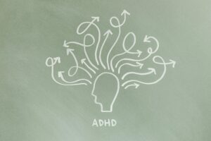 Silhouette of a head with chaotic, swirling arrows emanating from it, symbolizing ADHD. Set against a muted green background, conveying confusion.